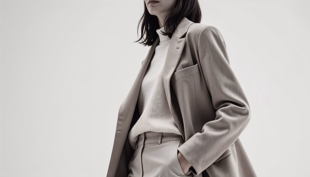 Frau im beigen Khaite-Blazer mit strukturierter Silhouette und High-Waist-Hose in Creme. Der Look verkörpert minimalistischen Quiet Luxury Stil