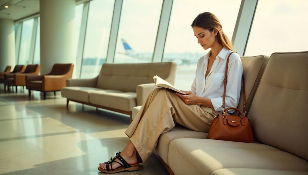 Frau in einem stilvollen Quiet Luxury Reiseoutfit sitzt in einer Flughafenlounge, trägt eine beige weite Hose, ein weißes Hemd, schwarze Sandalen und eine cognacfarbene Lederhandtasche - ein ruhiger Moment auf dem Boarding.